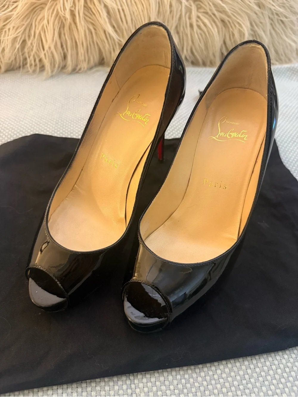 Christian Louboutin Black Patent Peep-Toe Platform Pumps with Red Soles
